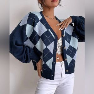 Blue and white cardigan